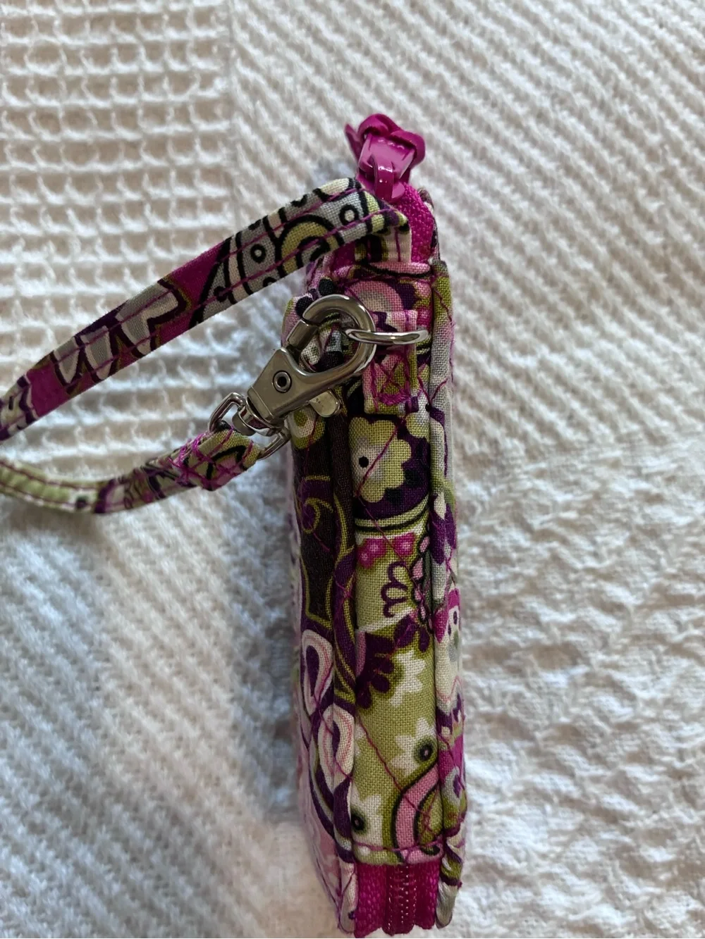 Vera Bradley Zip ID Wristlet in Very Berry Paisley pattern quilted purple pink